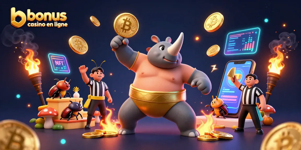 Action de gagner avec le bonus casino en ligne illustrée par un scarabée sumo entouré de pièces dorées.