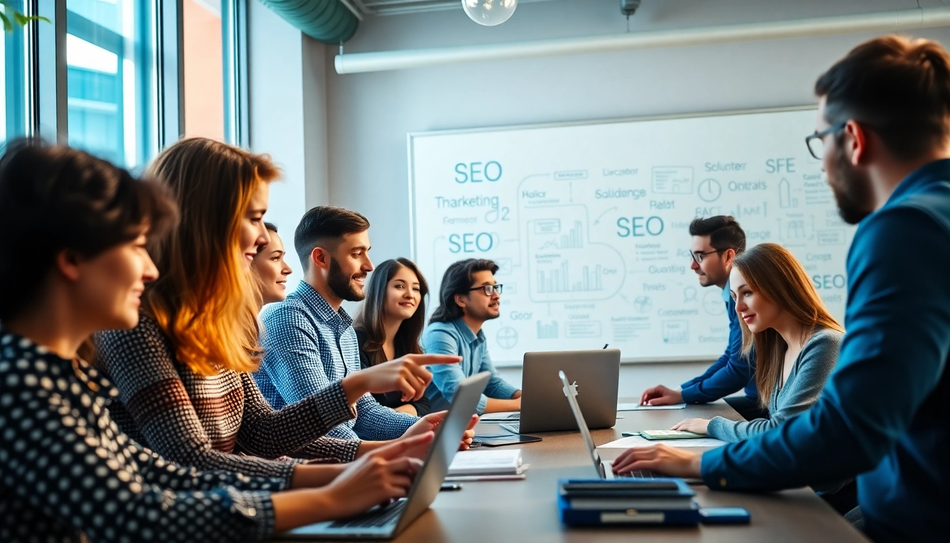 SEO Agency Clearwater team brainstorming in a bright modern office setting.
