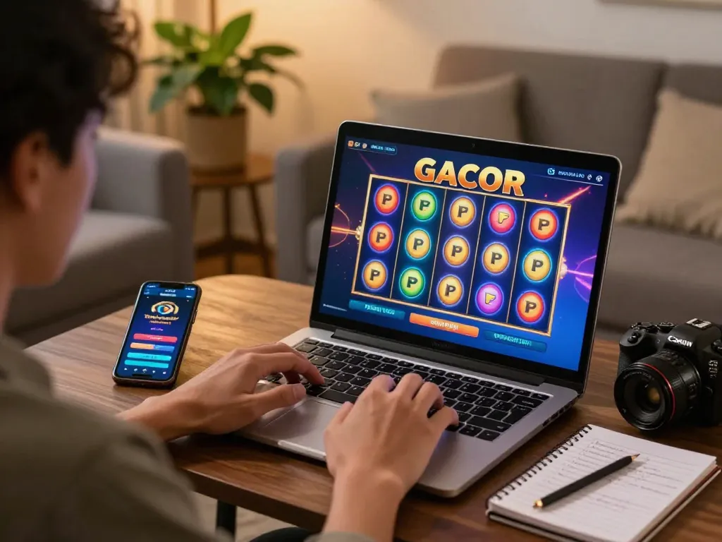 Pemain terlibat dalam permainan slot gacor online, menyoroti kegembiraan dengan gulungan berwarna yang berputar.