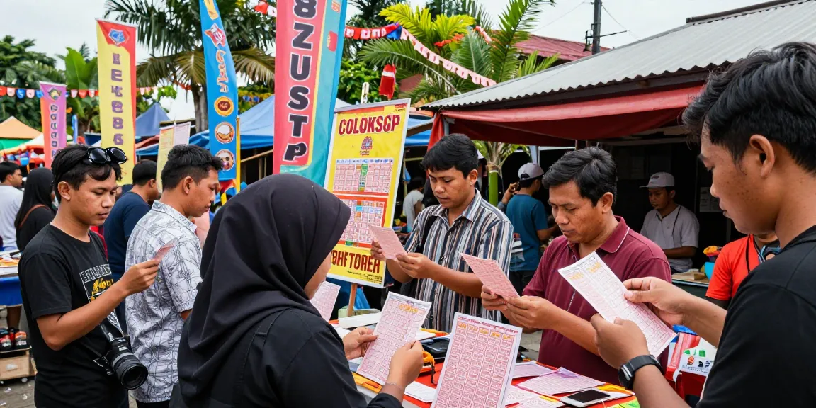 Warga memeriksa tiket coloksgp di pasar, suasana antusias dengan vendor tradisional.