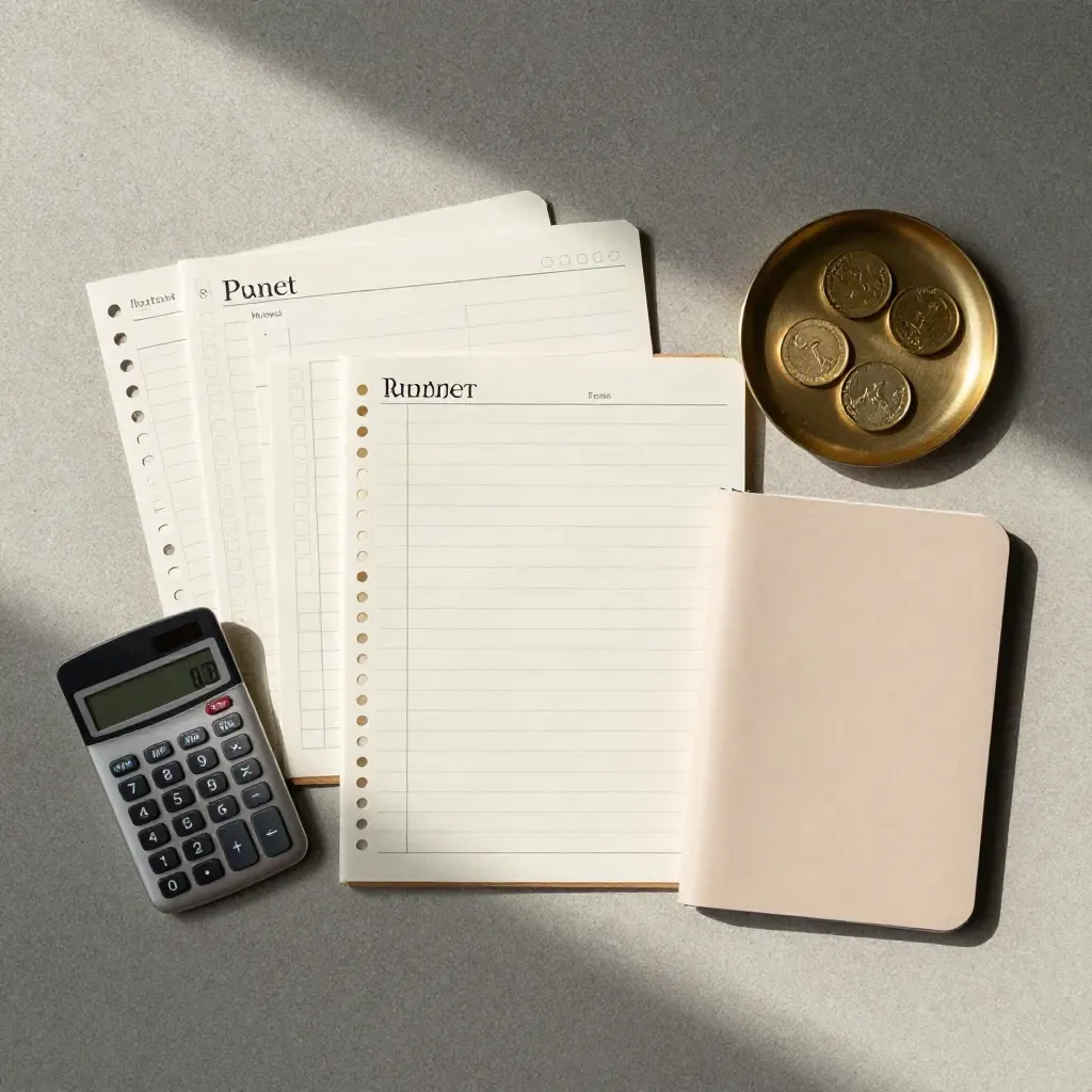 Overhead flat lay of a budget planner kit with calculator, coin tray, and gold tabs on pale stone.