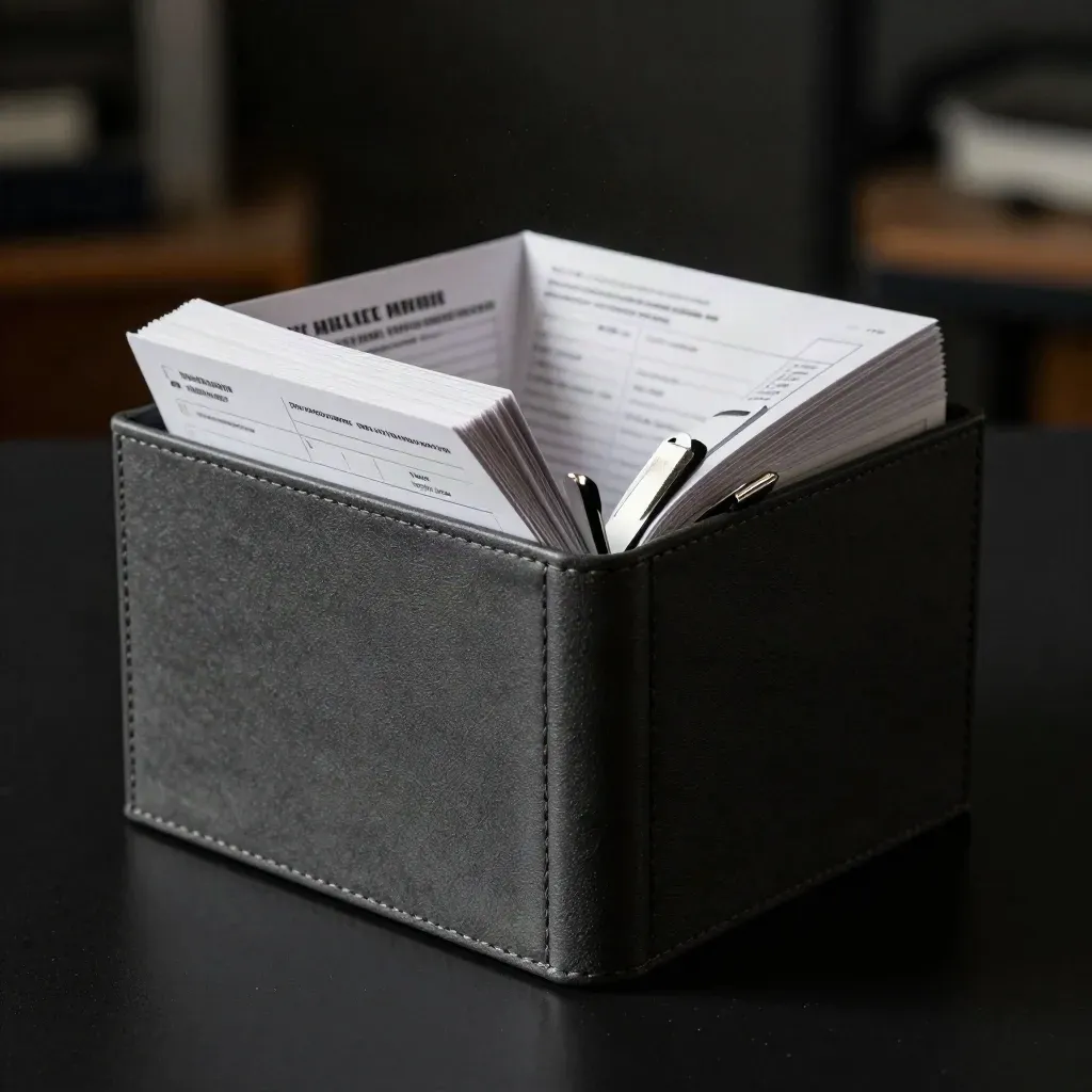 Matte DIY home repair checklist pack with cards and steel fixings on dark surface