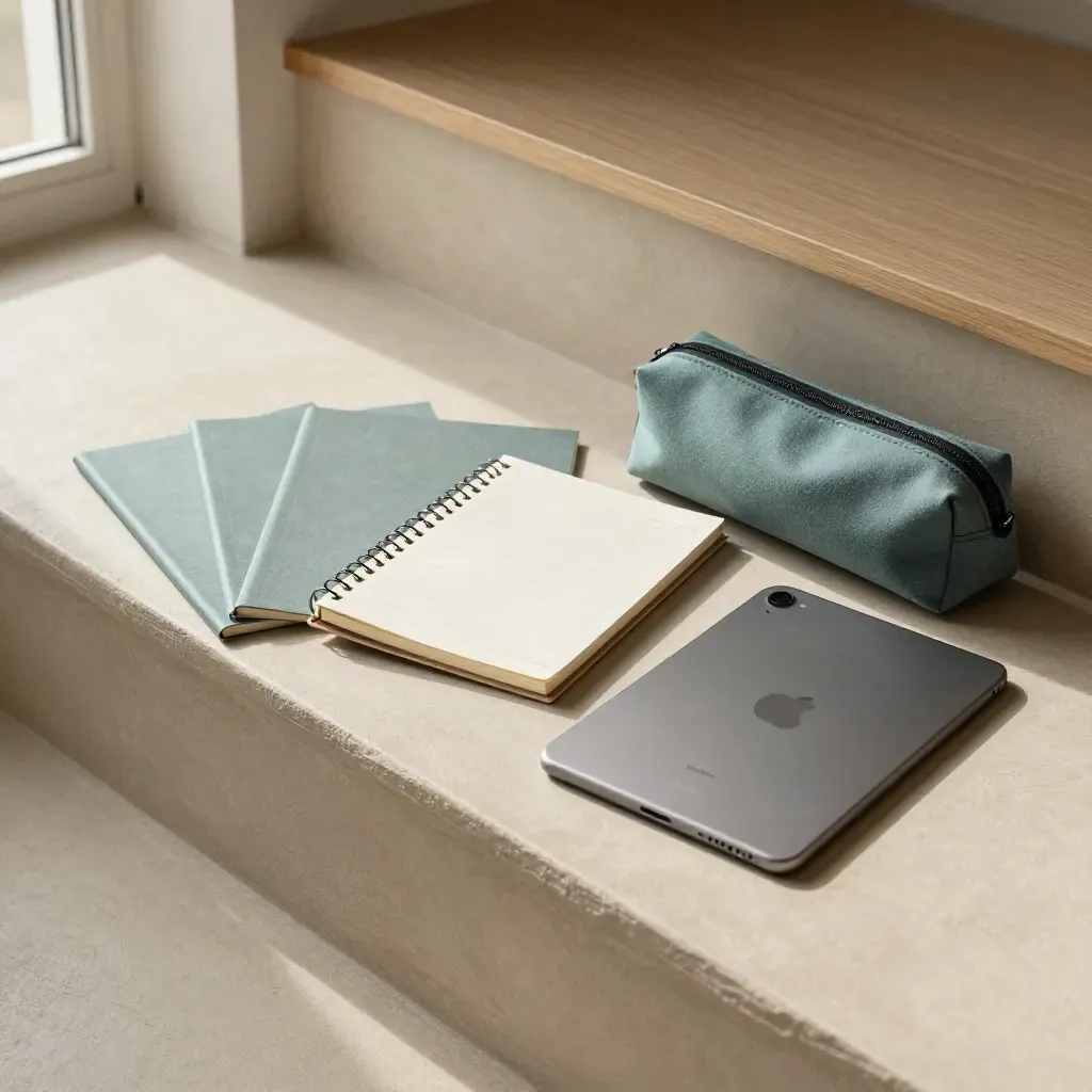 Study pack bundle on plaster steps with notebook, teal case and tablet in soft window light.