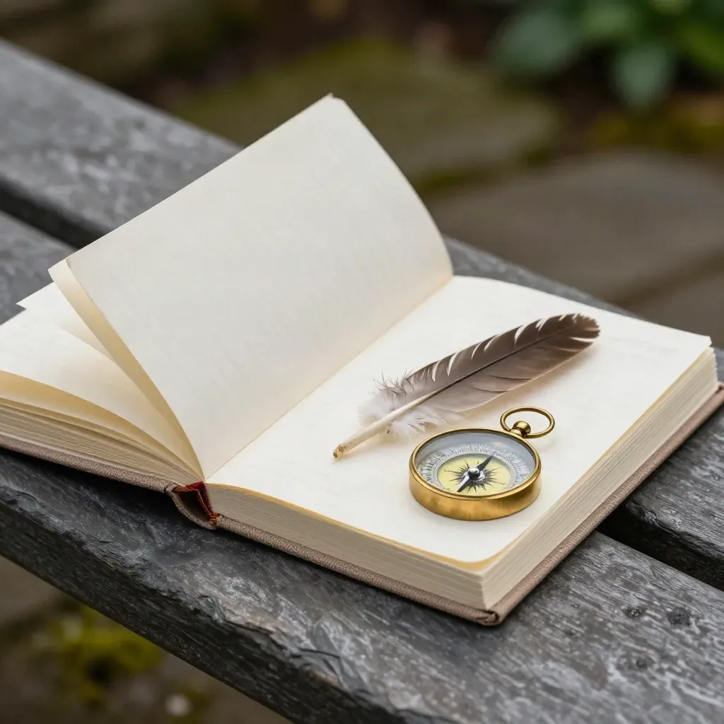 Half-open bird guide pack with feather, brass token, and blank cards on a slate bench.