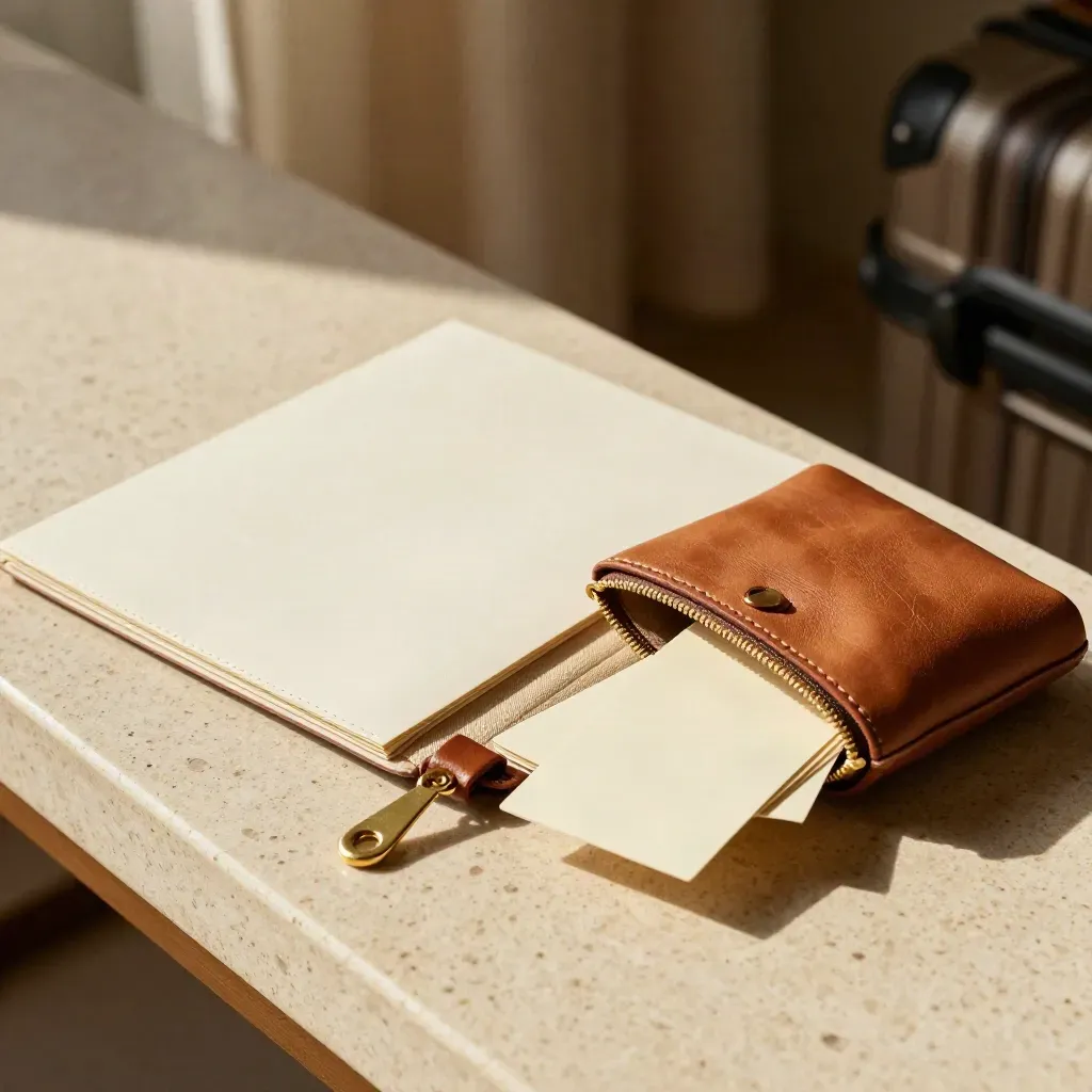 Travel planner pack with folder, coin pouch and packing cards on travertine in warm light.