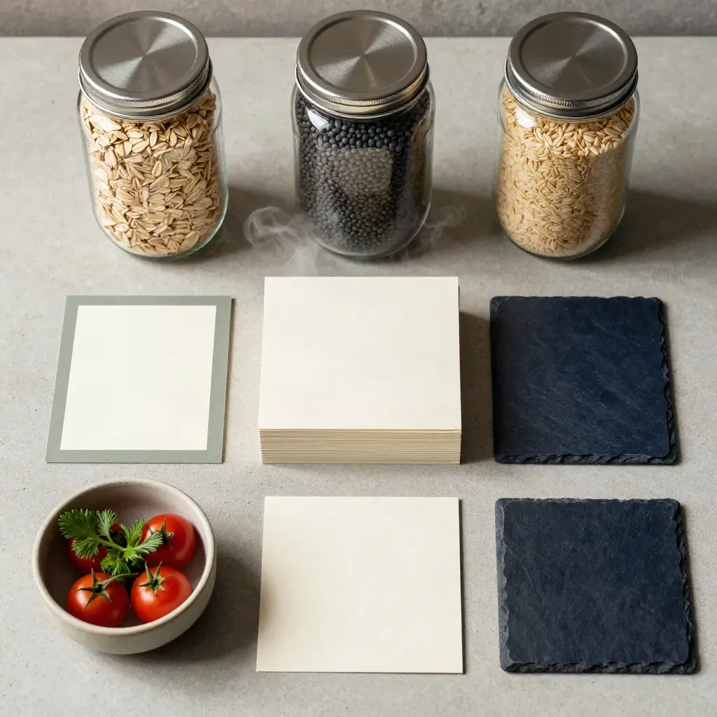 Top-down meal prep grocery list pack with produce cards, bowls, and pantry jars on pale stone.