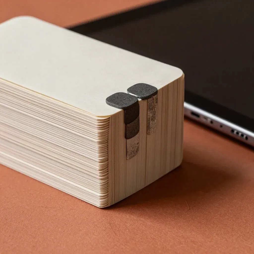 Flashcards, matte tokens, and a face-down tablet on terracotta clay, close-up and textured.