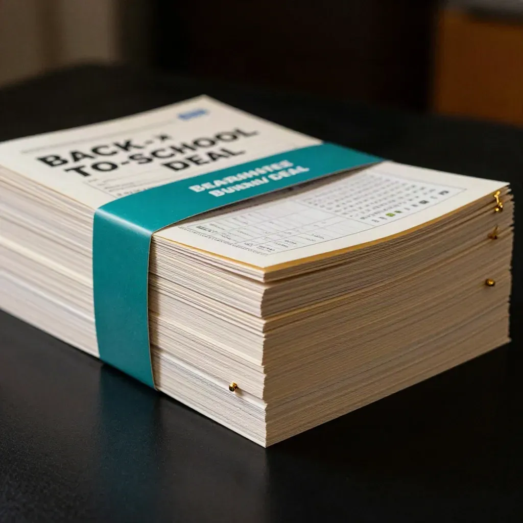 Teal-banded back-to-school guide bundle on a black surface with gold hardware and haze