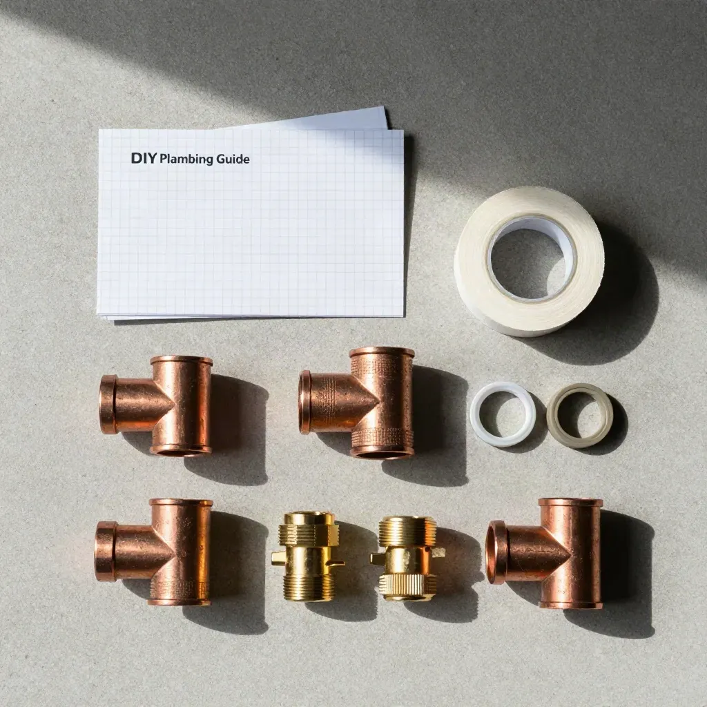Overhead plumbing guide flatlay with copper fittings, tape spool, gasket rings, and booklet
