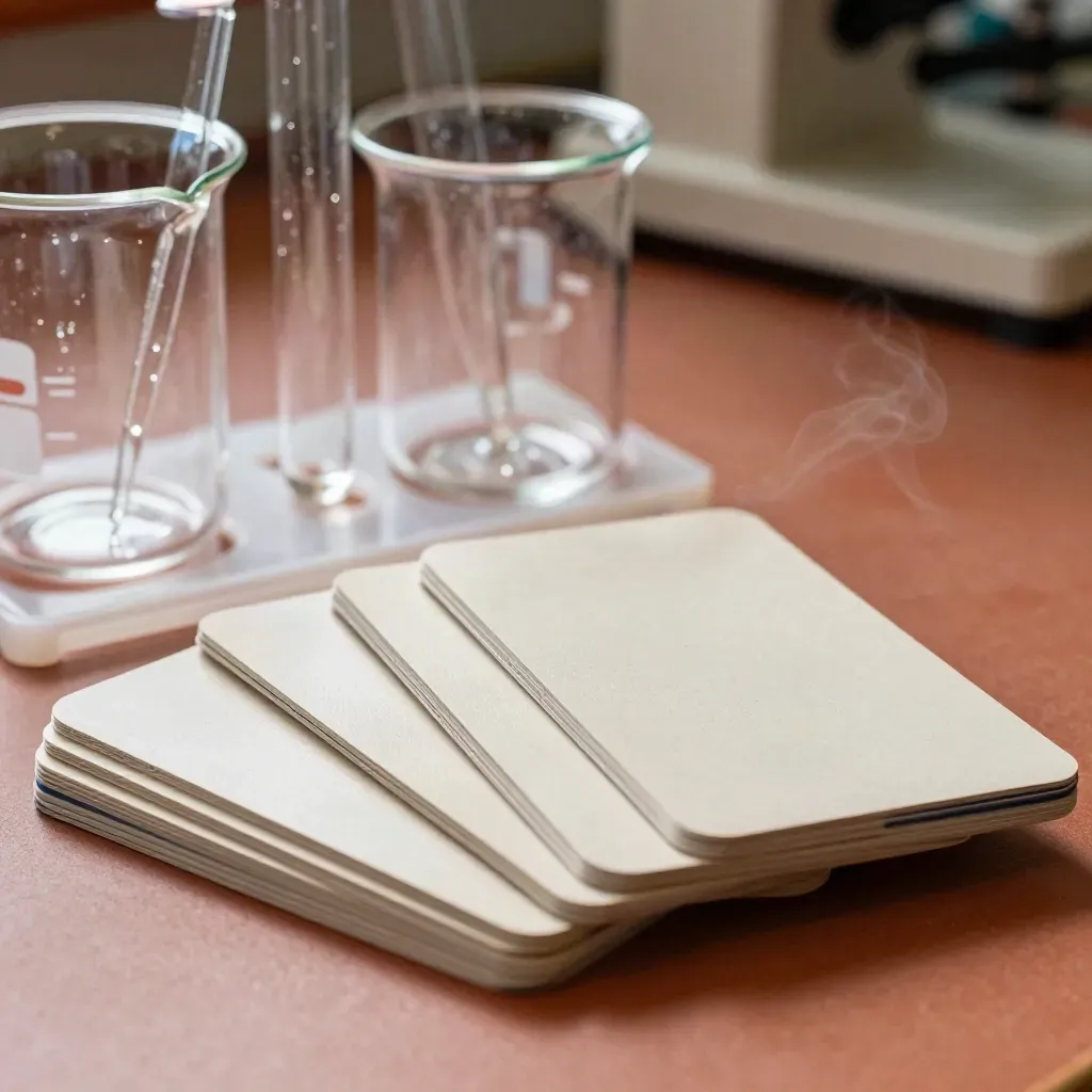 Macro of science lab cards, beakers, test tubes, and droppers on a terracotta surface.