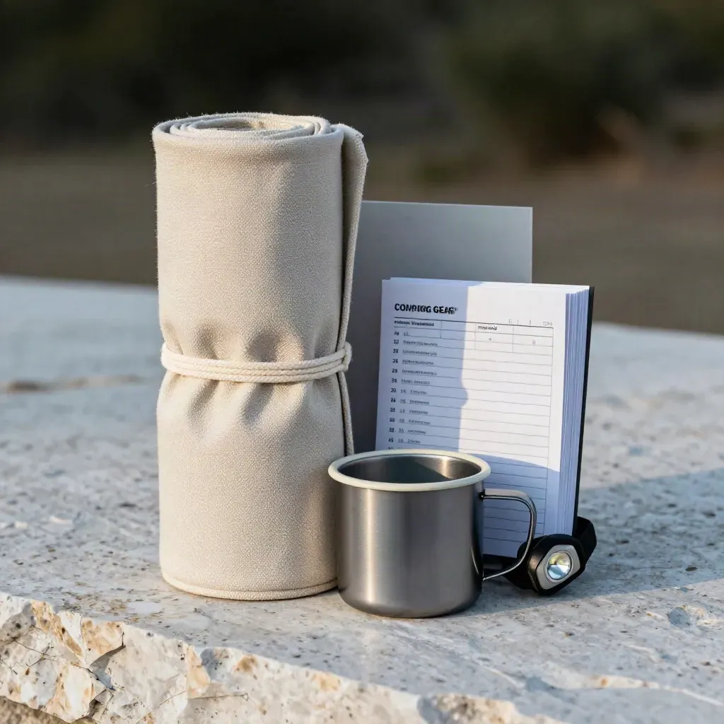 Camping checklist pack with mug, headlamp, and canvas pouch on pale stone
