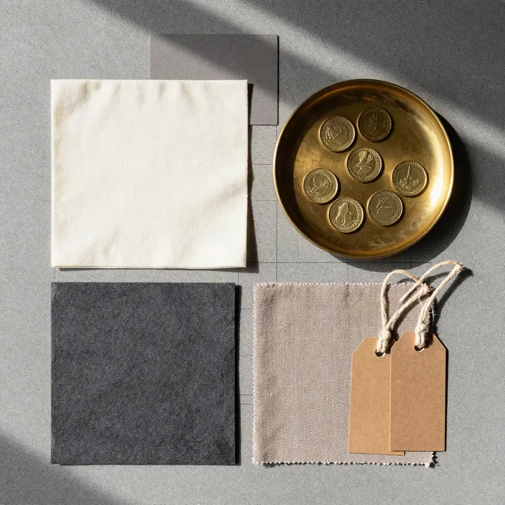 Overhead craft pricing kit with fabric swatches, twine, brass tray and unprinted tags.