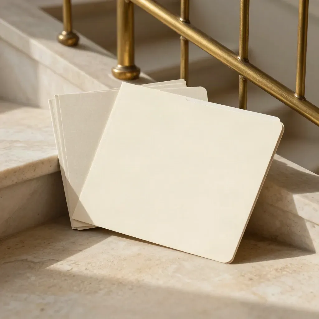 Pale marble stair landing with a cream folder, brass blur and linen edge in soft daylight.