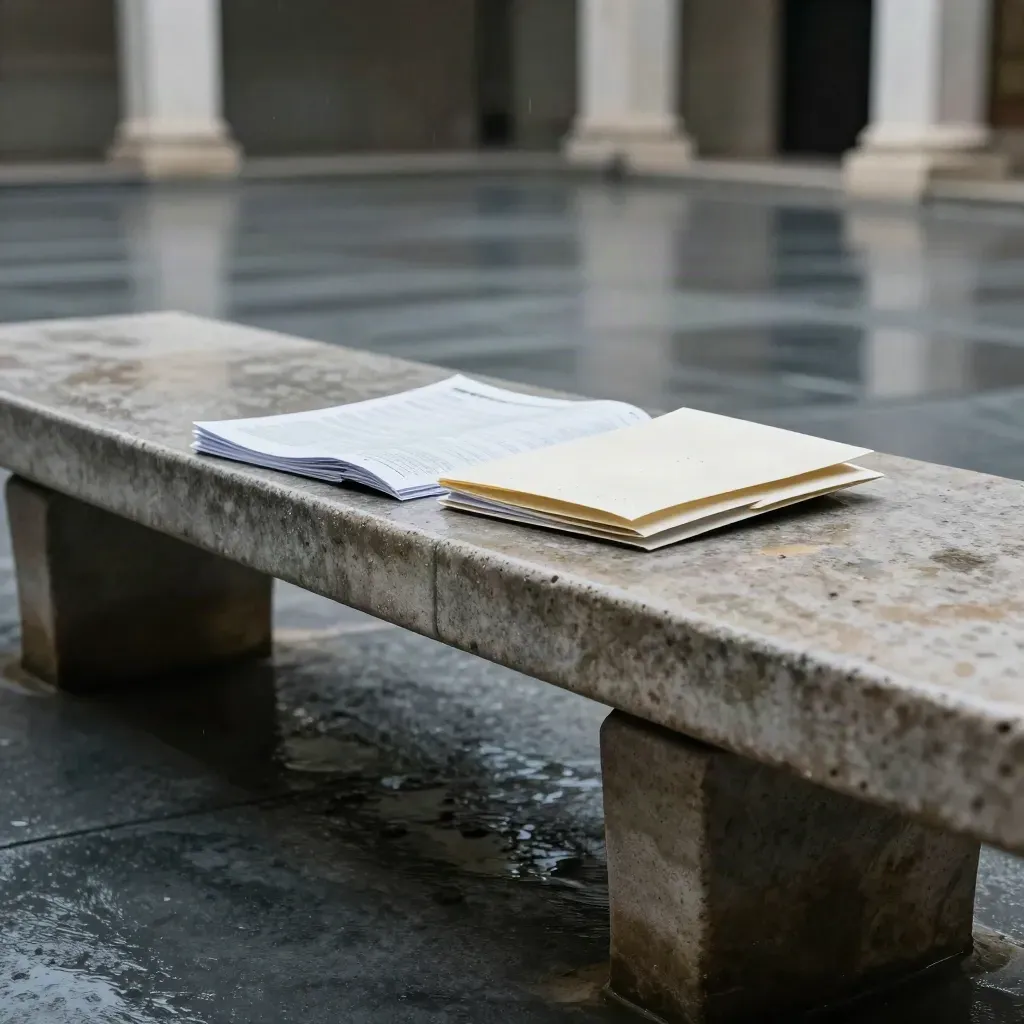 Rain-dark courtyard terrace with low stone bench, misty edges, and open concrete copy space