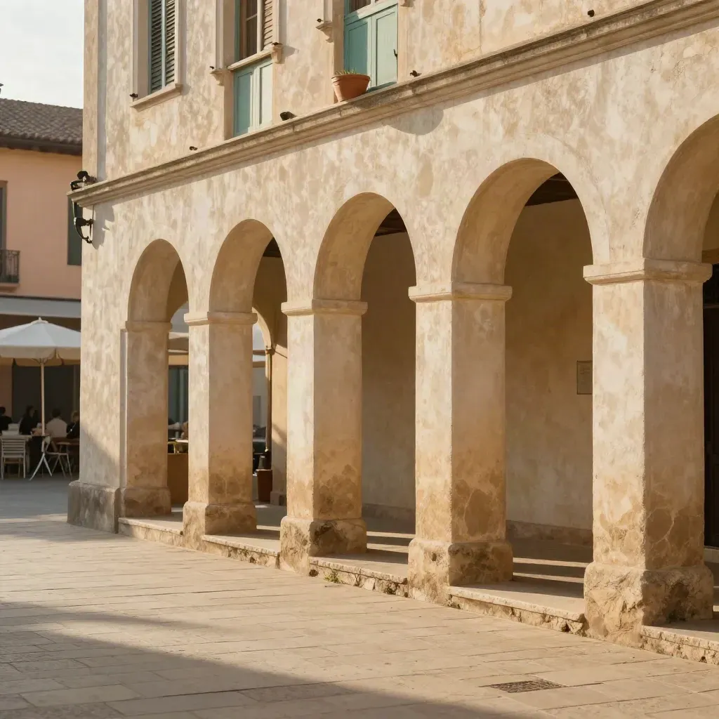 Golden plaster arcade with stone threshold and teal accent, open calm space for copy.