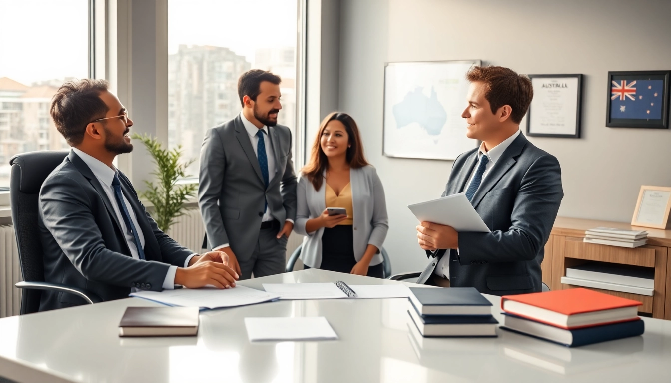 Immigration lawyer Perth assisting clients with visa applications in a modern office.