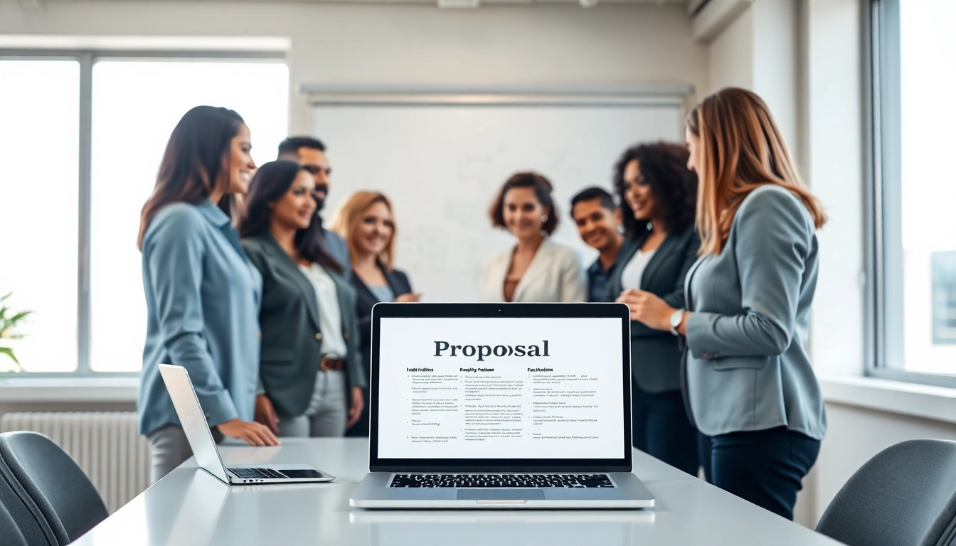 Team engaged in Proposal Writing and Management discussion in a modern office environment.