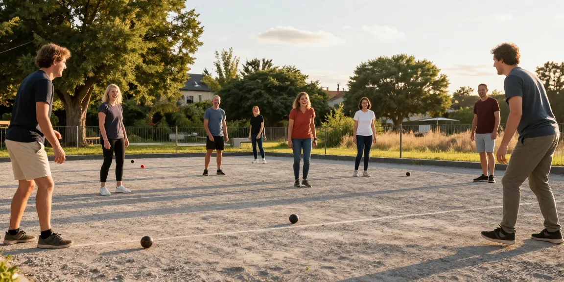 Permainan petanque di fopikotapalopo.org, pemain dari berbagai latar belakang bersenang-senang di bawah sinar matahari sore.
