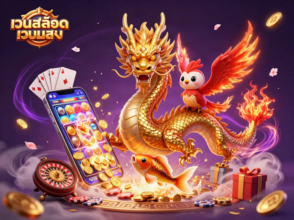 เล่นเกมส์สล็อตเว็บตรงในภาพที่มีมังกรทองพร้อมปลาพุดดิ้งทองและนกฟีนิกซ์
