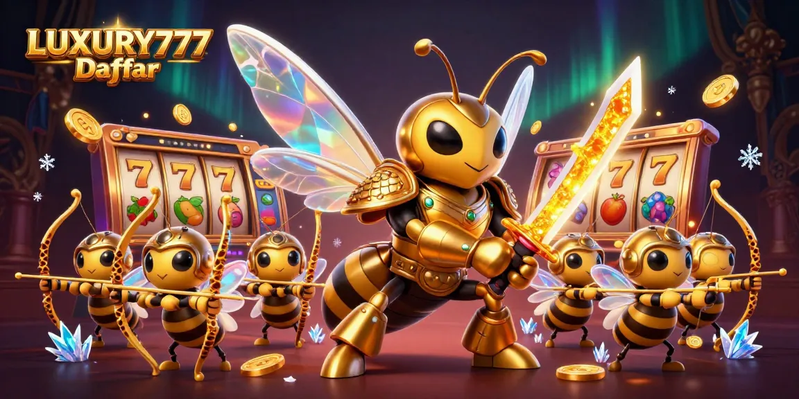 LUXURY777 Daftar menampilkan hornet emas raksasa dalam pertempuran slot, dikelilingi simbol keberuntungan.