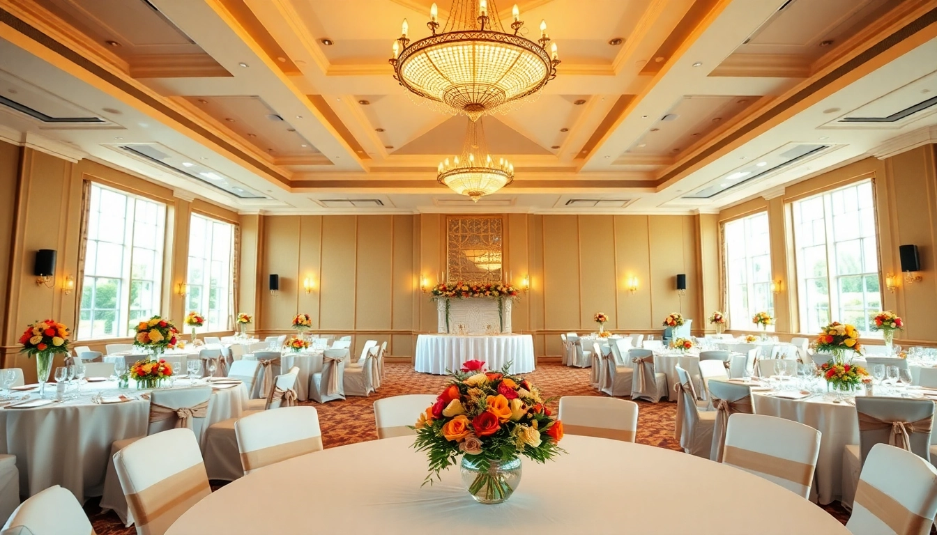 Stowe Venue Hire elegantly set up for a grand event with floral decorations and bright lighting.