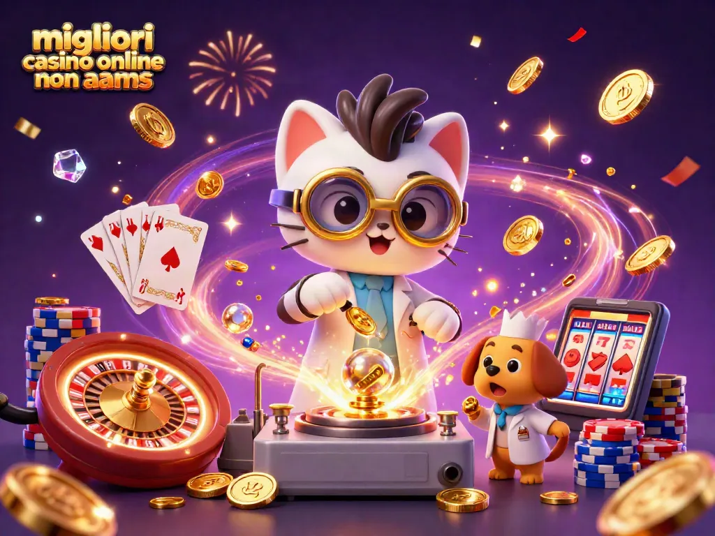 Scopri i migliori casinò online non AAMS con l'illustrativa scena di un gatto scienziato felice e divertenti elementi di gioco.