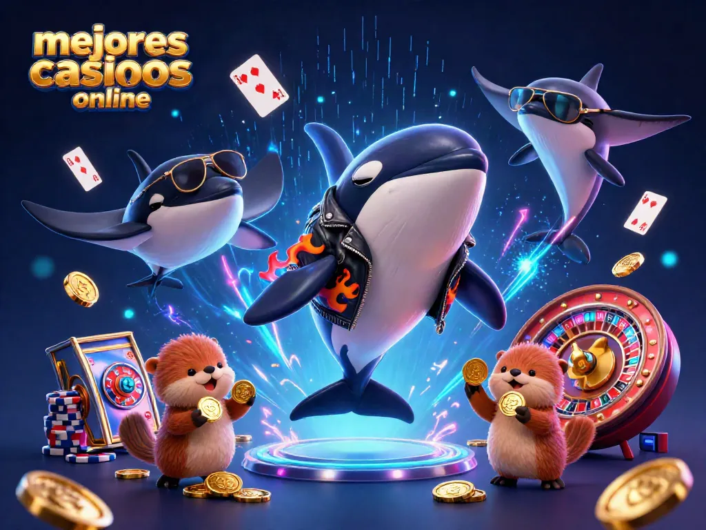 Visualiza los mejores casinos online con una escena dinámica de personajes acuáticos disfrutando y ganando.