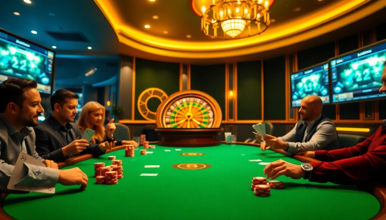 Des joueurs de poker captivés profitant de l'expérience Casino en Ligne 2026 à une table élégante.