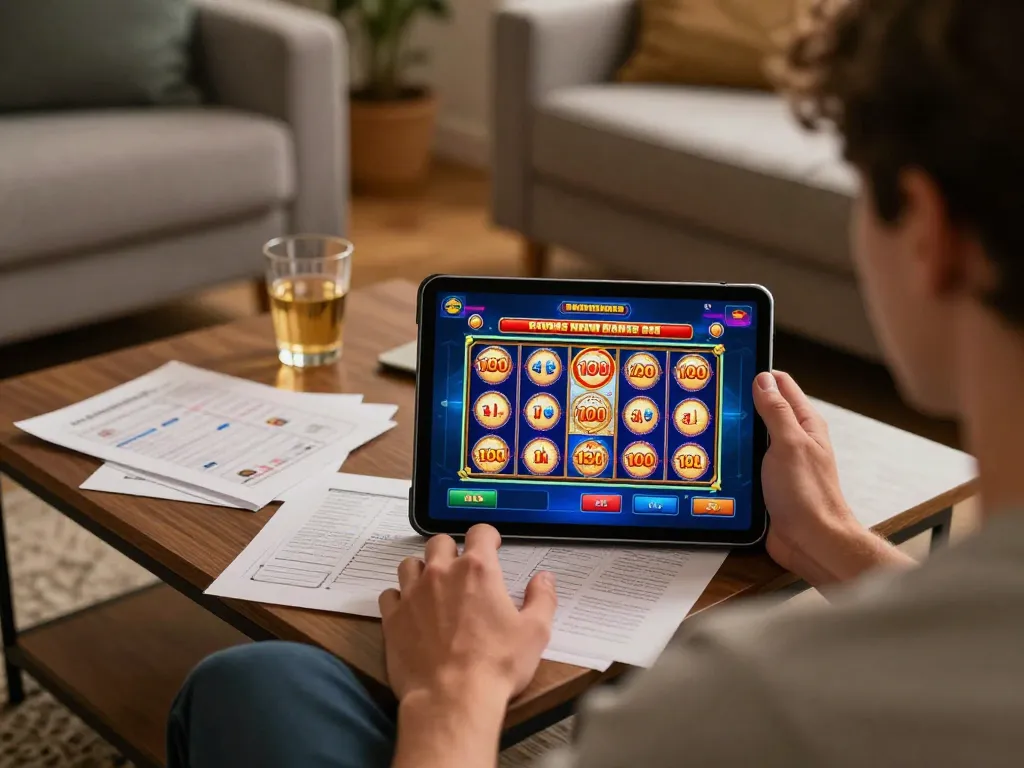Engaging gameplay showcasing slot bonus new member 100 on an online gaming tablet during a cozy home session.