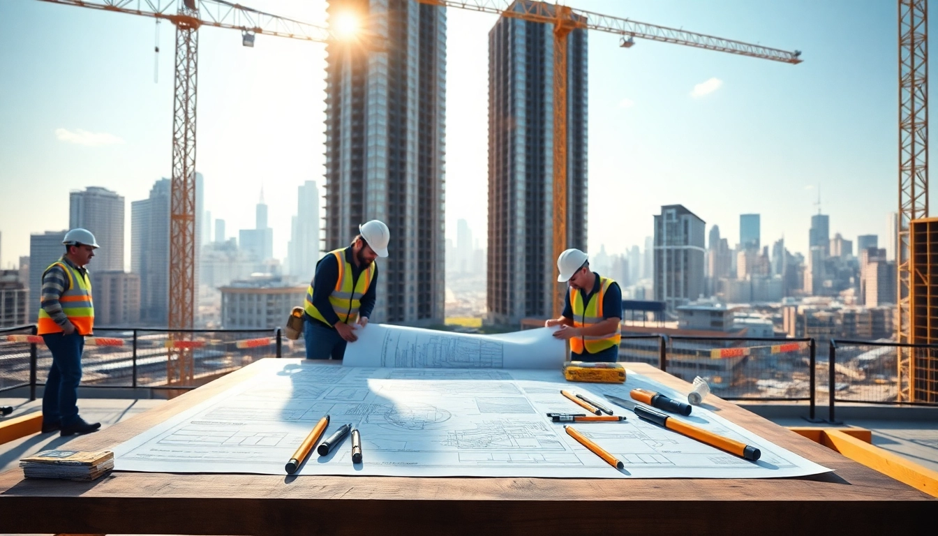 Showcase of New York Commercial General Contractor on a vibrant construction site with workers and city skyline.