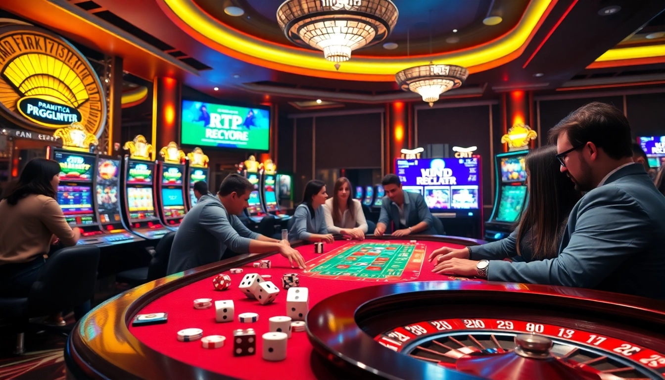 Engaged players strategizing around a vibrant casino table with RTP Pragmatic Play displayed, showcasing high-octane gameplay.