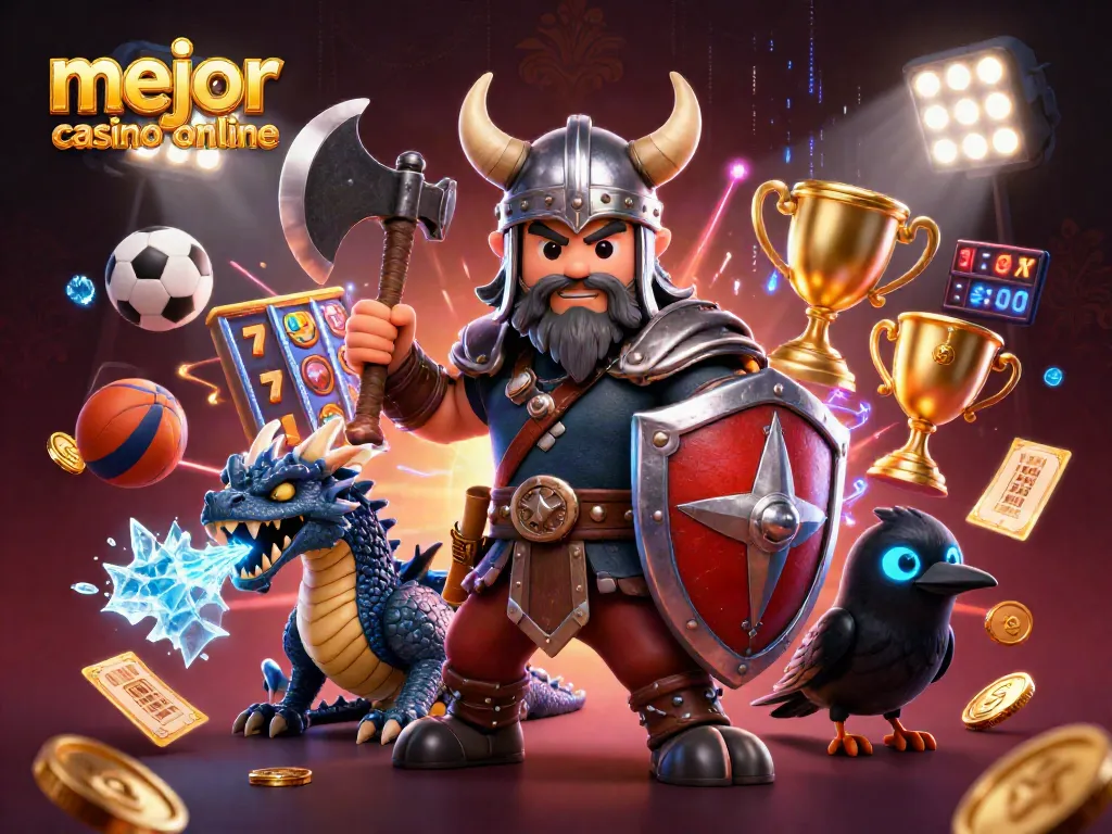 Disfruta de la experiencia de juego en el mejor casino online con un guerrero vikingo y dragón en un entorno vibrante.