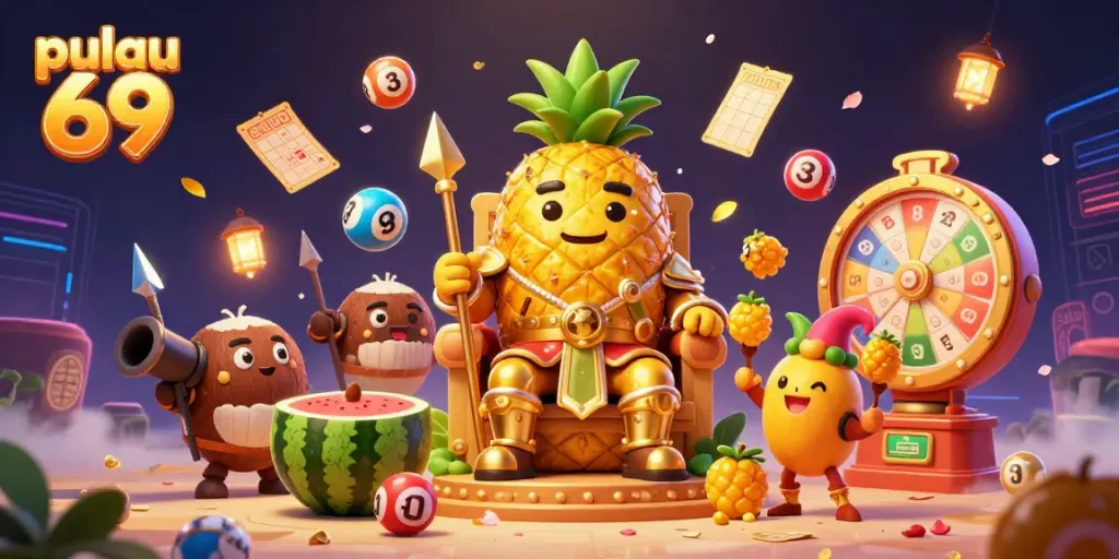 Experience thrilling gameplay with pulau 69 in a vibrant 3D casino illustration featuring unique characters and dynamic elements.