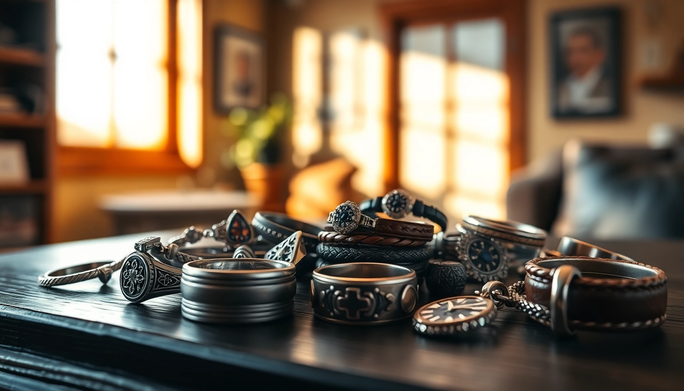 Showcasing stylish men’s jewelry collection featuring rings and bracelets