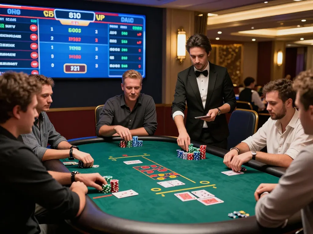 TIN TỨC hubet88 brings an exciting online gambling scene showing friends engaged in a poker game, colorful chips and cards highlighted.