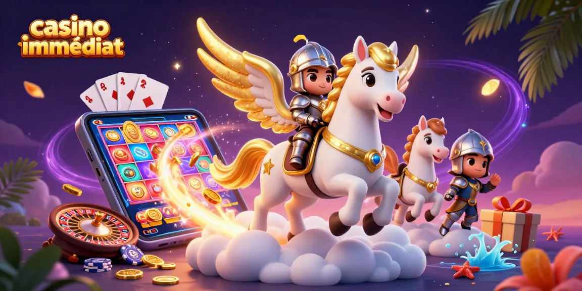 Casino retrait immédiat : illustration colorée d'un cheval céleste galopant avec des éléments de jeux de casino.