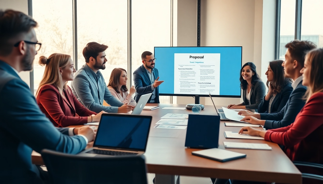 Professionals collaborating on proposal writing and management during a business meeting.