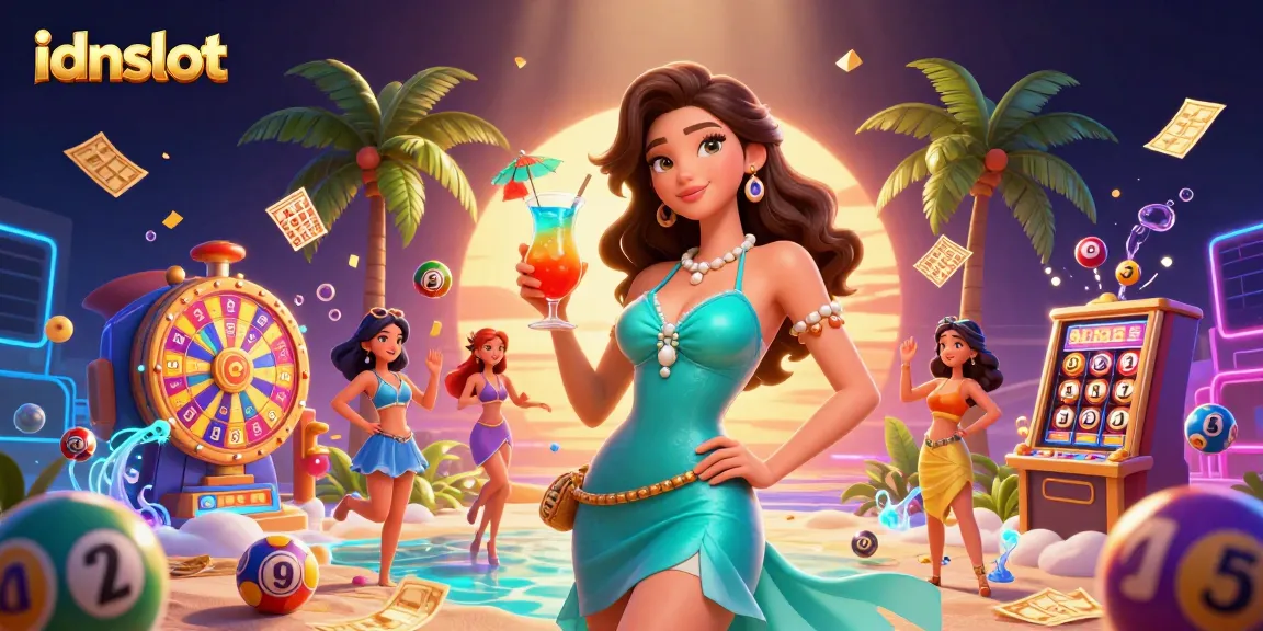 Experience thrilling idnslot gaming with vibrant elements and a glamorous beach setting.