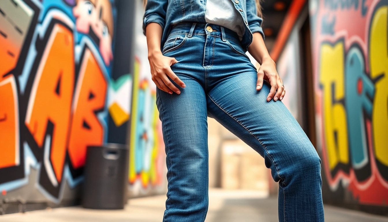 Womens high rise jeans styled on a confident model against colorful street art.