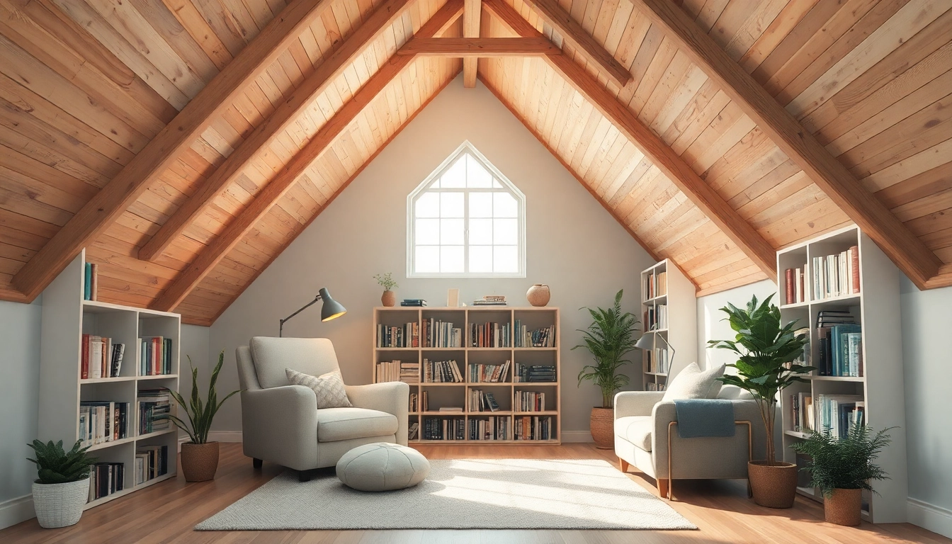 Cozy reading nook in attics filled with books, a plush chair, and warm lighting.
