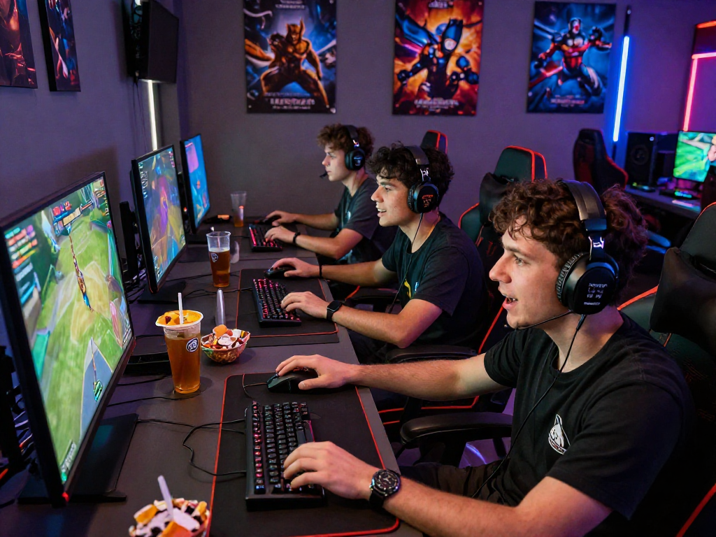 Friends enjoying a multiplayer gaming session, exploring rokok88 alternatif in a vibrant atmosphere.