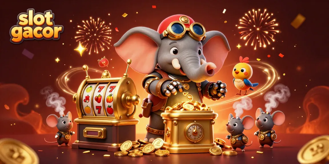 Spin the slot gacor machine with the steampunk elephant engineer amidst colorful casino elements.