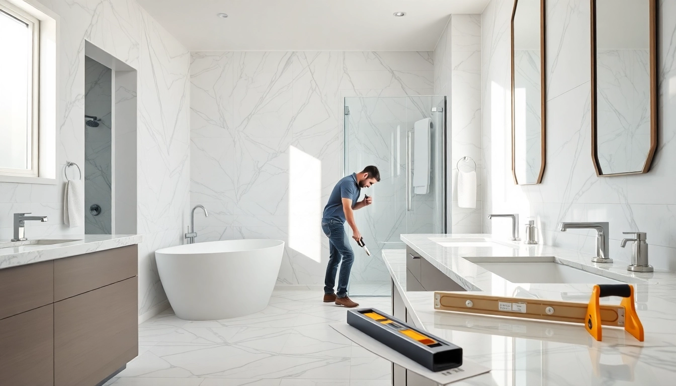 Skilled bathroom builders installing elegant tiles in a luxurious renovation project.