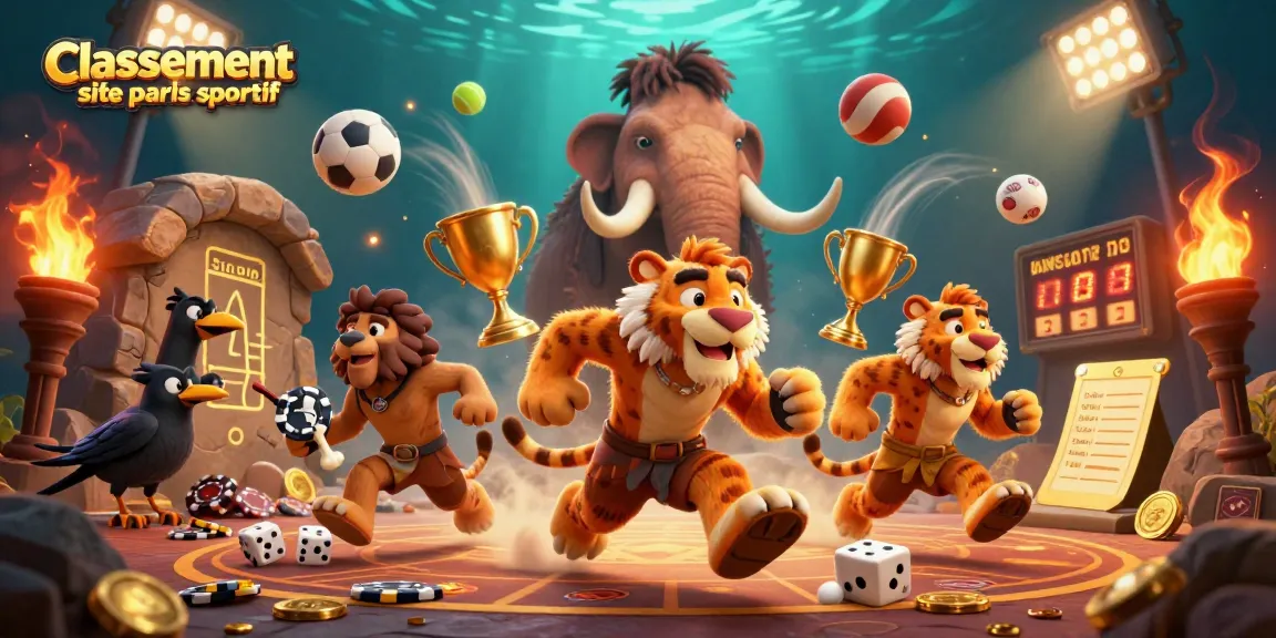 Classement site paris sportif : mise en scène dynamique avec personnages de casino préhistorique et éléments sportifs.