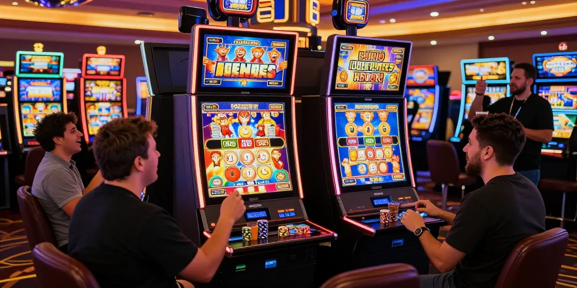 Exciting players enjoying bonus buy slots at a lively casino, showcasing vivid gaming displays and vibrant atmosphere.