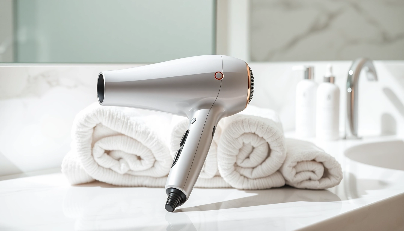 Showcasing an ionic hair dryer with a sleek design, perfect for styling in modern bathrooms.