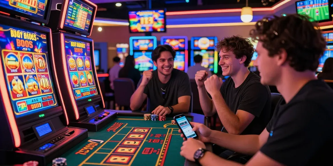 Action-packed casino scene showcasing players at slots where you can buy bonus, celebrating wins with vibrant graphics and excitement.