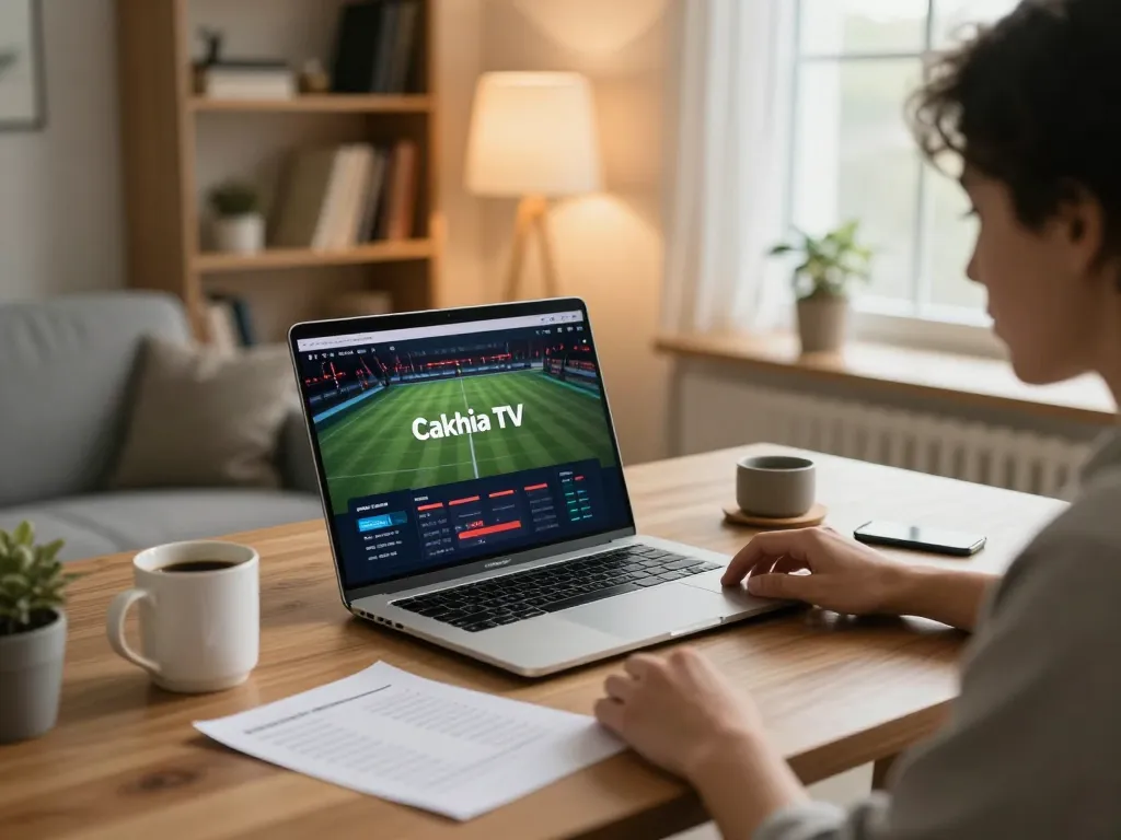 Cakhia TV sports betting experience with user engaging in online gaming at home, showcasing laptop interface.