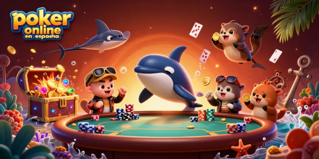 Juego de póker online en España con una familia de nutrias y personajes divertidos ilustrando una atmósfera animada.