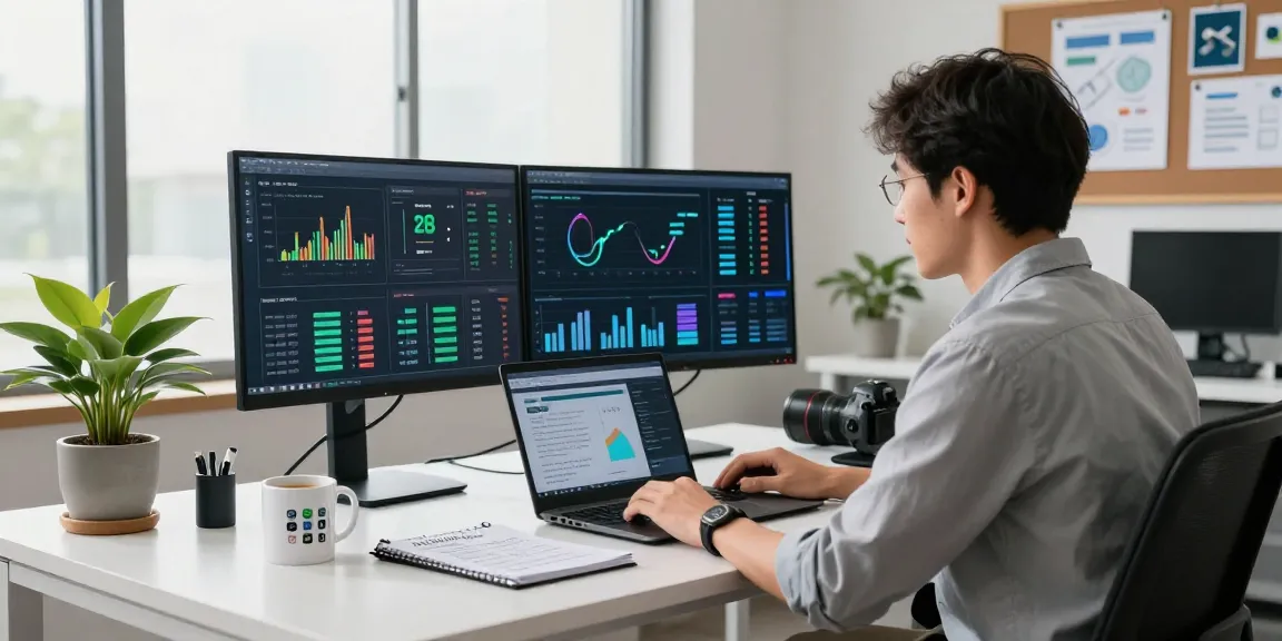 VPS hosting performance analysis in a modern tech workspace with dual monitors and optimization notes.